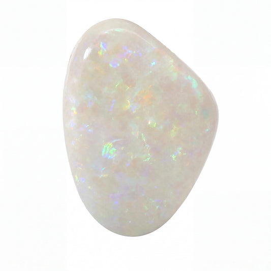 A polished white opal gemstone cabochon with iridescent flashes of blue, green, and orange, shown on a plain white background.
