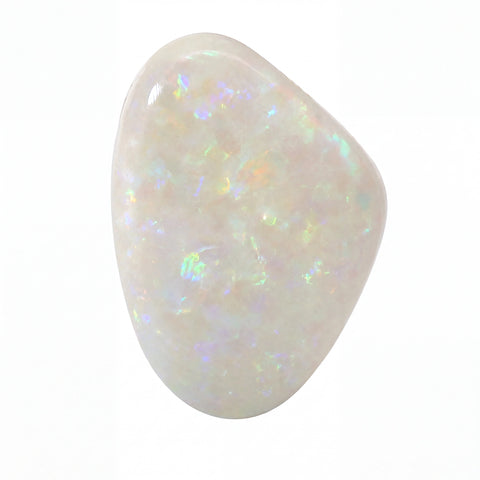 A polished white opal gemstone cabochon with iridescent flashes of blue, green, and orange, shown on a plain white background.