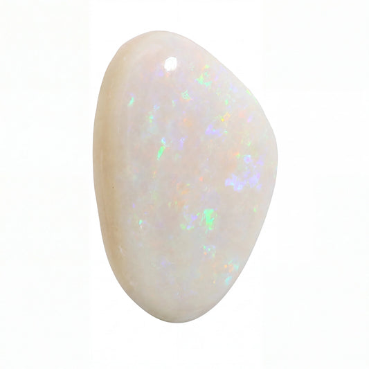 A polished, teardrop-shaped white opal gemstone with vibrant iridescent flashes of green, blue, and orange, shown on a solid white background.