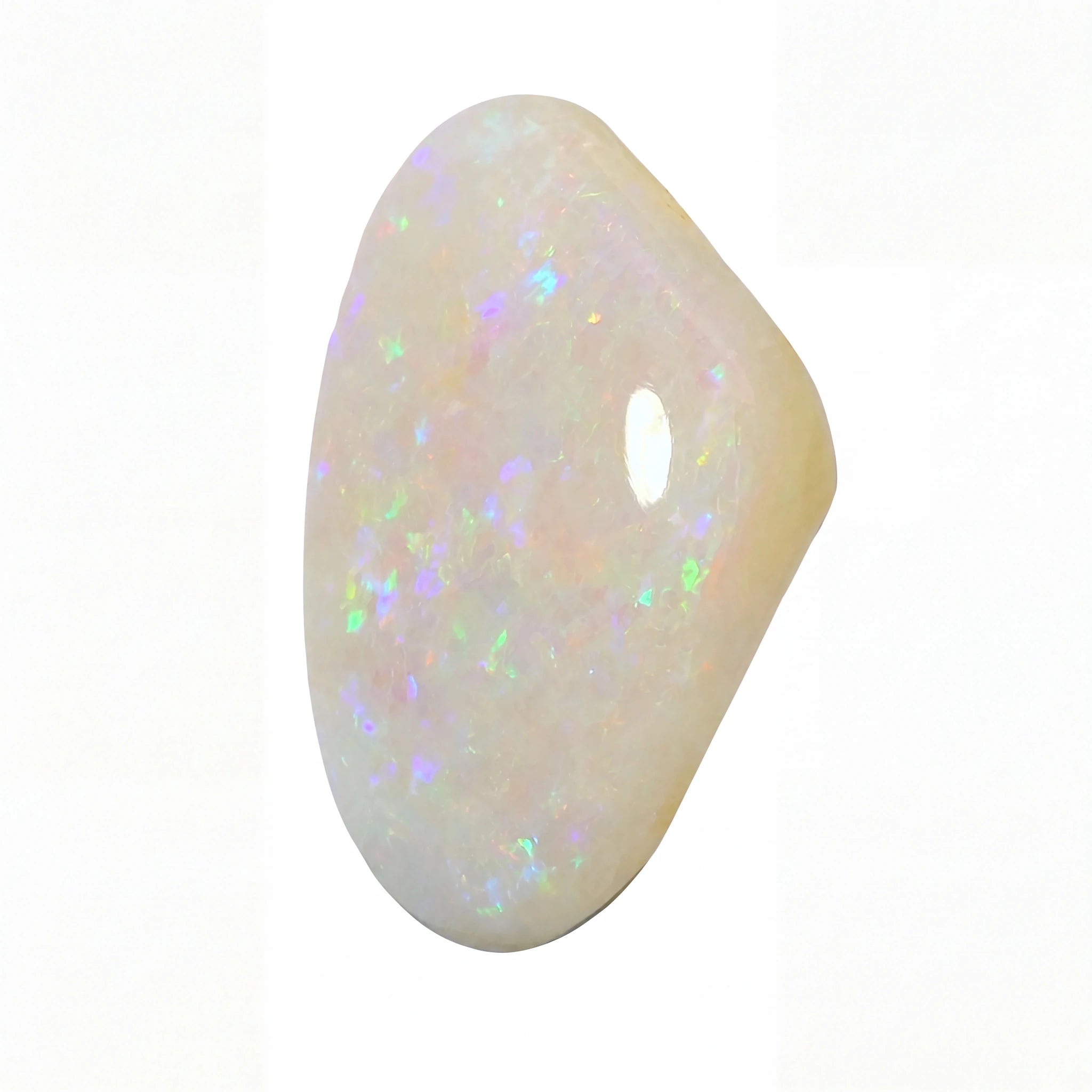 A polished cabochon opal gemstone with a smooth, irregular teardrop shape, displaying a creamy off-white base with vibrant flashes of green, blue, and purple iridescence, set against a plain white background.