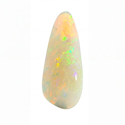 A teardrop-shaped cabochon opal gemstone displaying a play-of-colour with vibrant flashes of green, orange, and blue on a white base, isolated on a solid white background.