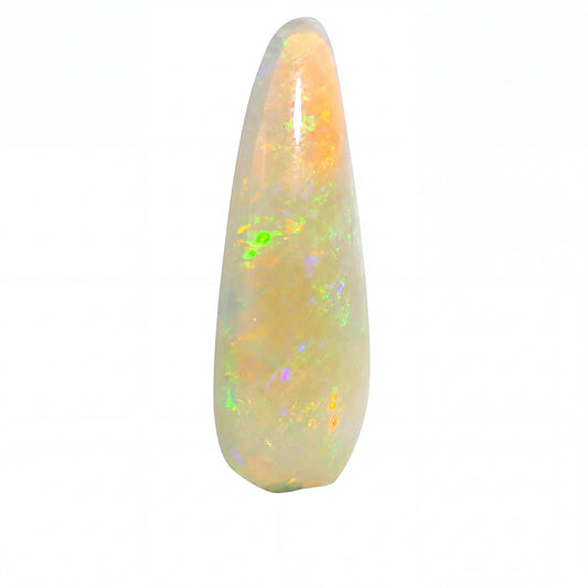 A teardrop-shaped white opal gemstone with vibrant iridescent flashes of green, orange, and blue, set against a plain white background.