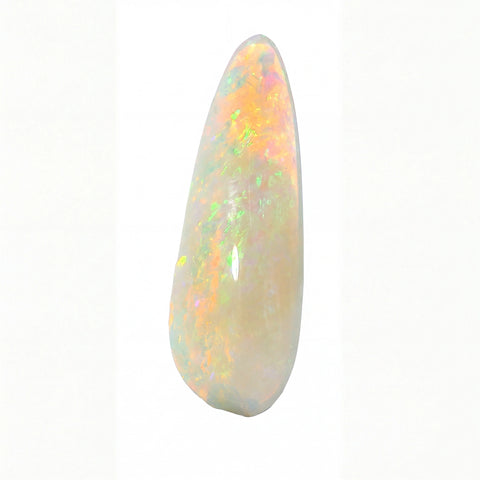 A teardrop-shaped white opal gemstone with vibrant iridescent flashes of orange, yellow, and green, set against a plain white background.
