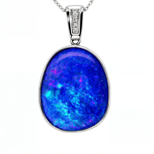 Doublet Opal Pendant in 14K White Gold - Green-Blue