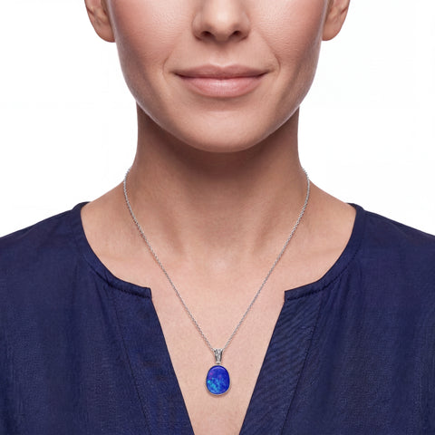 Doublet Opal Pendant in 14K White Gold - Green-Blue