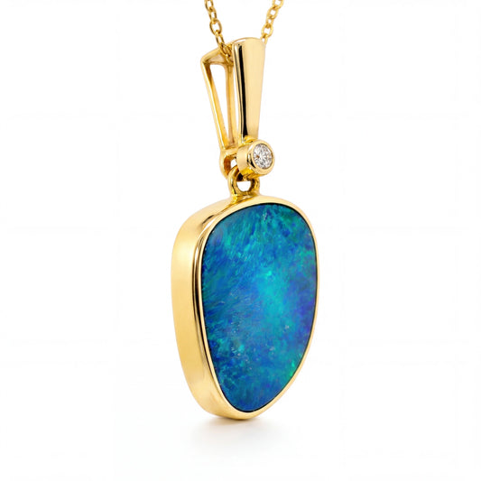 Doublet Opal Pendant in 14K Yellow Gold - Green-Blue - Australian Opal Cutters and Pearl Divers