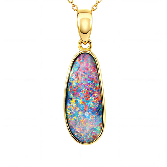 Doublet Opal Pendant in 14K Yellow Gold - Multicolour - Australian Opal Cutters and Pearl Divers