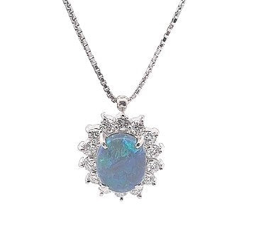 Platinum Pendant PT900 set with Australian Black Opal 2.33 Carats 10.90x8.48mm and 14x G/Vs-Si1 Diamonds Total Diamond Weight 0.82 Carats.