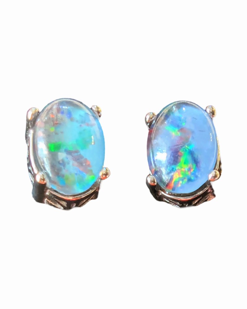 Australian Triplet Opal 7 x 5mm Claw Earrings in Stainless Steel