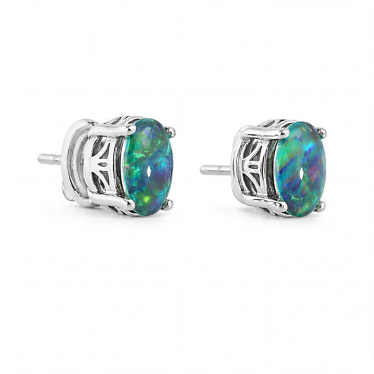 Triplet Opal Earrings in Stainless Steel - Green-Blue - Australian Opal Cutters and Pearl Divers