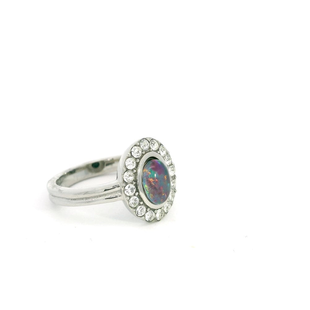 Australian Opal 7 x 5 mm Triplet Ring Set in Stainless Steel (Multicolour)