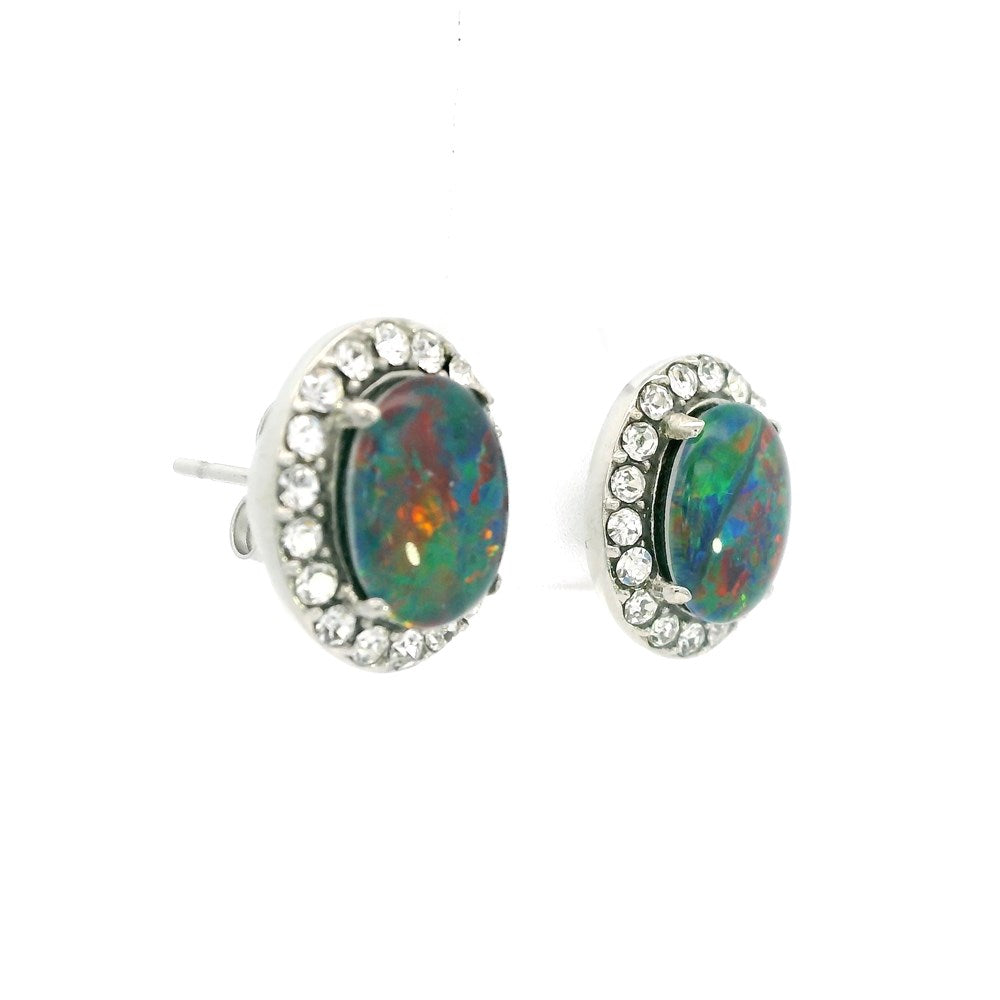 Australian Opal 9 x 7 mm Triplet Earrings Set in Stainless Steel (Multicolour)