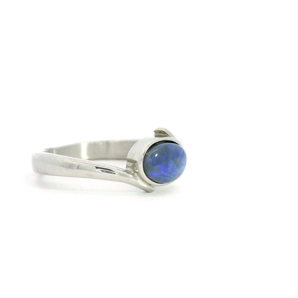 Australian Opal 6 x 4 mm Black Ring Set in Stainless Steel (Green-Blue)