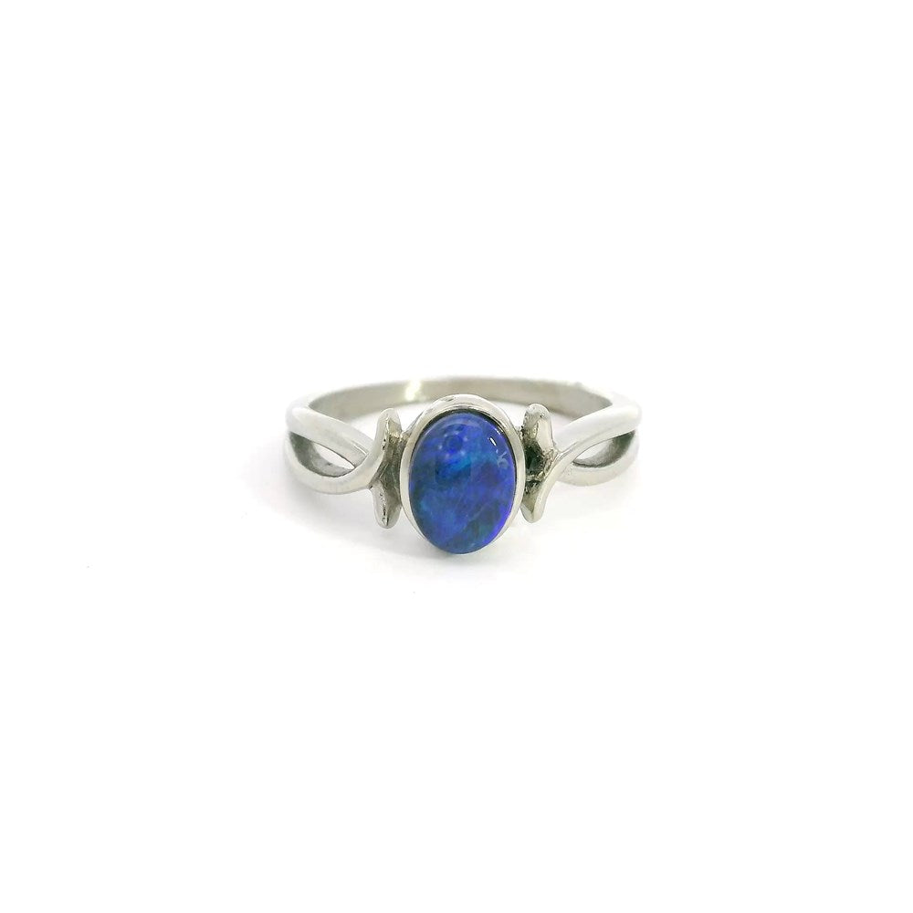 Australian Opal 6 x 4 mm Triplet Ring Set in Stainless Steel (Blue)