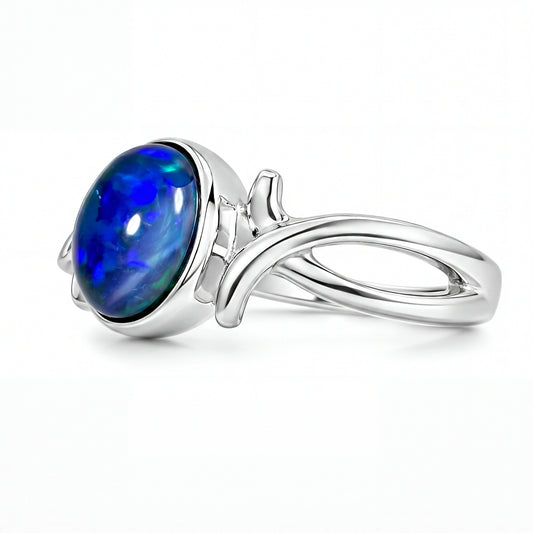 Black Opal Ring in Stainless Steel - Green-Blue