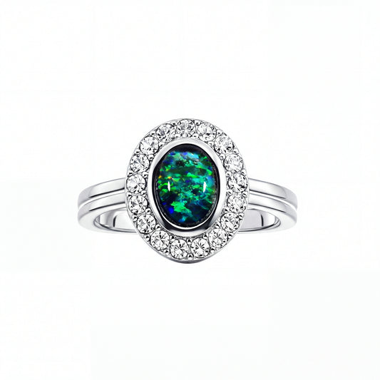 Triplet Opal Ring in Stainless Steel - Green-Blue