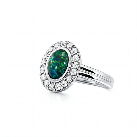 Triplet Opal Ring in Stainless Steel - Green-Blue
