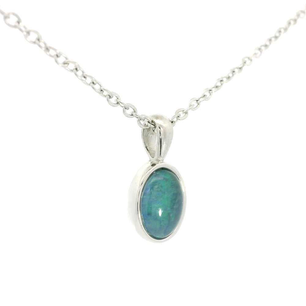 Australian Opal 8 x 6 mm Triplet Pendant Set in Stainless Steel (Green-Blue)