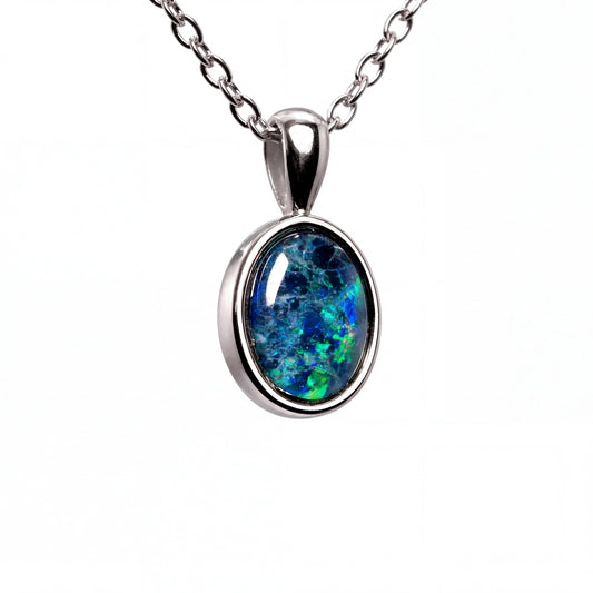Triplet Opal Pendant in Stainless Steel - Green-Blue - Australian Opal Cutters and Pearl Divers