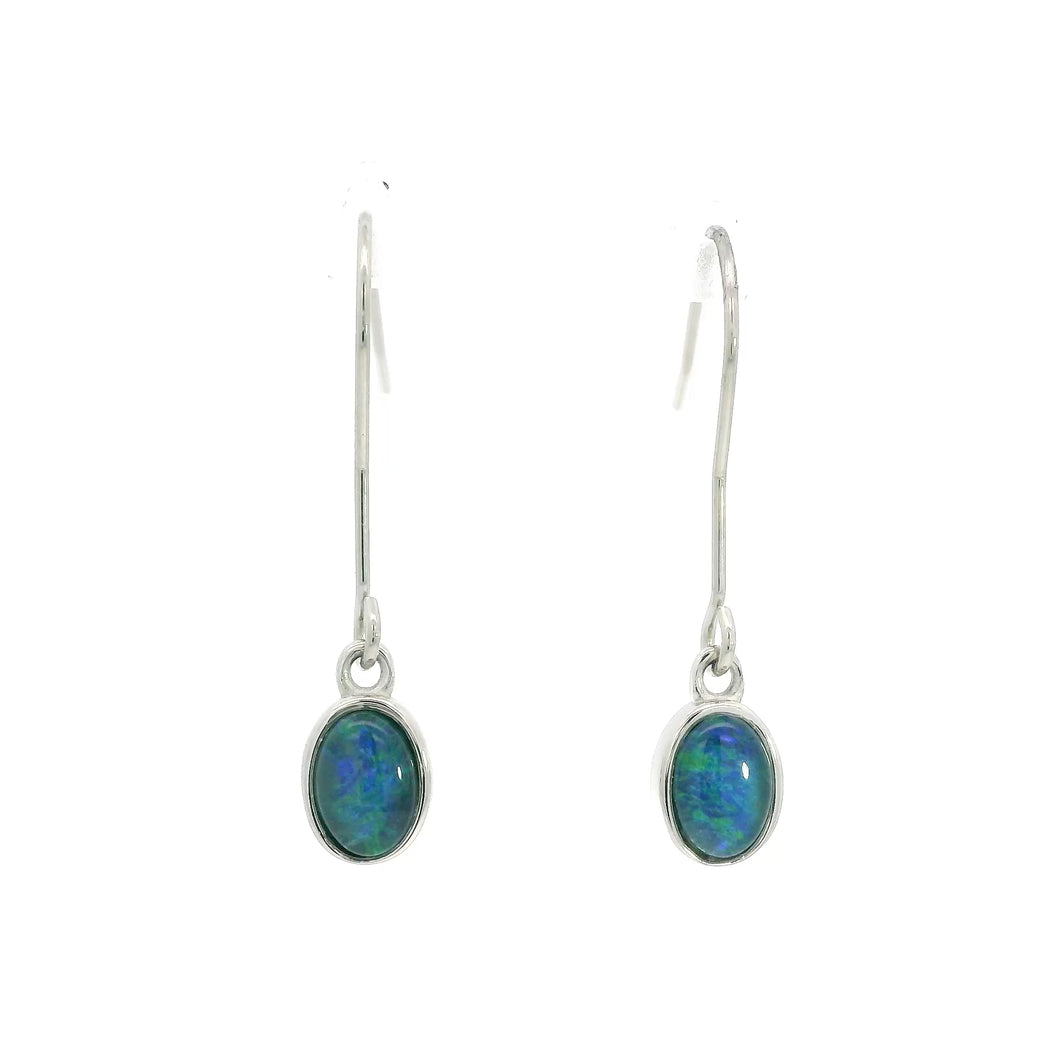 Australian Opal 7 x 5 mm Triplet Earrings Set in Stainless Steel (Green-Blue)