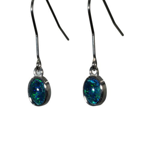 Triplet Opal Earrings in Stainless Steel - Green-Blue