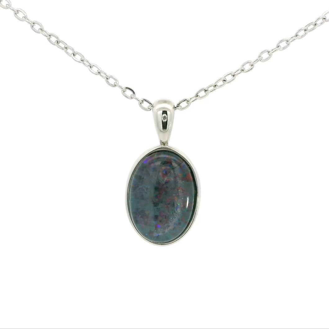 Australian Opal 14 x 10 mm Triplet Pendant Set in Stainless Steel (Green-Blue)