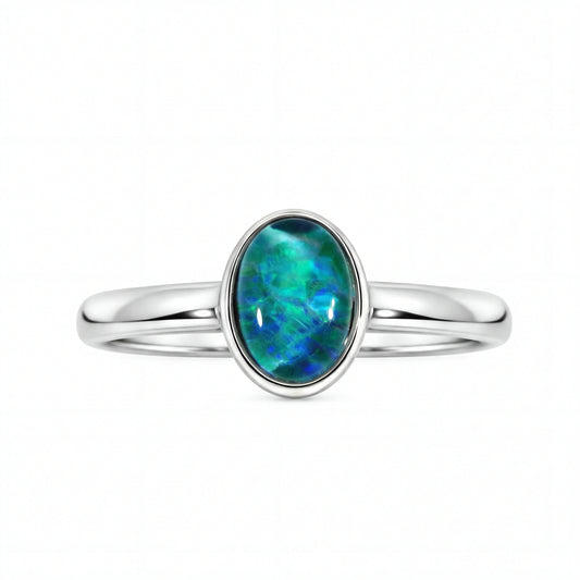 Triplet Opal Ring in Stainless Steel - Green-Blue