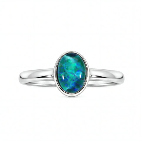 Triplet Opal Ring in Stainless Steel - Green-Blue