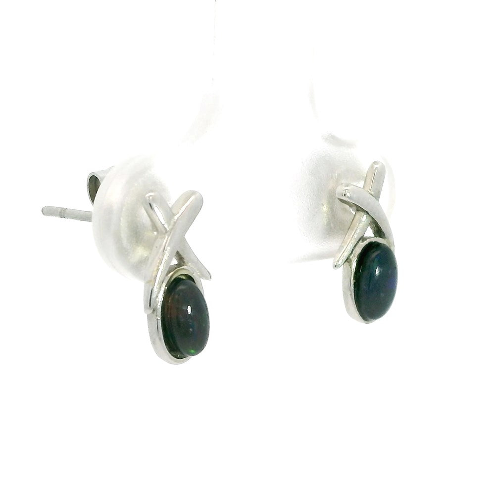 Australian Opal 5 x 4 mm Black Earrings Set in Stainless Steel (Blue)