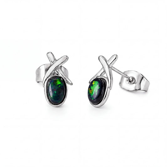 Black Opal Earrings in Stainless Steel - Green-Blue - Australian Opal Cutters and Pearl Divers