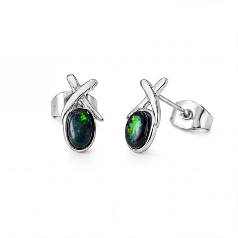 Black Opal Earrings in Stainless Steel - Green-Blue - Australian Opal Cutters and Pearl Divers