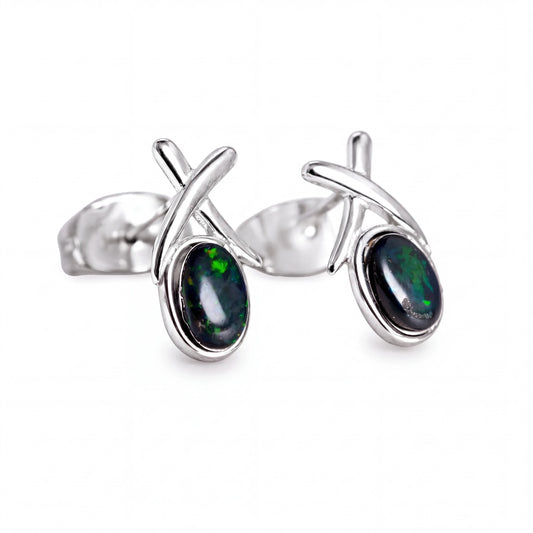 Black Opal Earrings in Stainless Steel - Green-Blue - Australian Opal Cutters and Pearl Divers