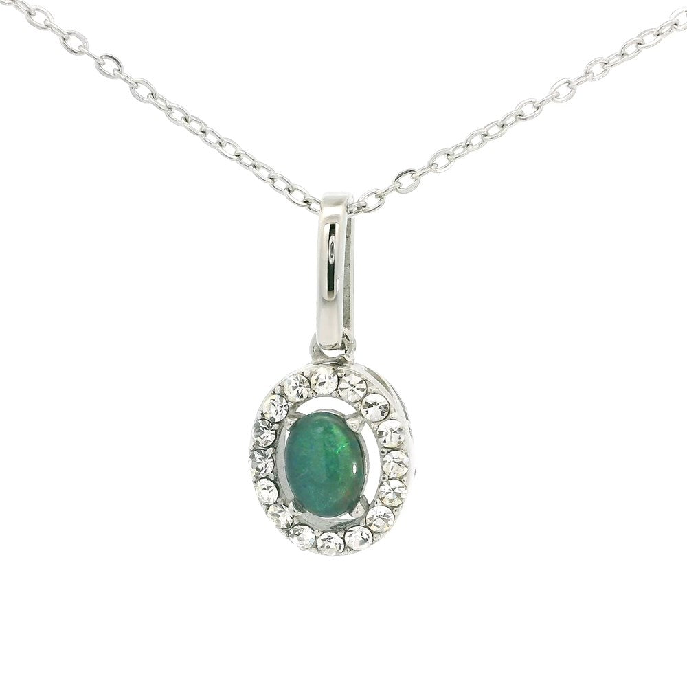 Australian Opal 8 x 6 mm Black Pendant Set in Stainless Steel (Green-Blue)