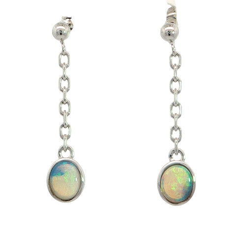 Pair of silver earrings with opal stones on a white background