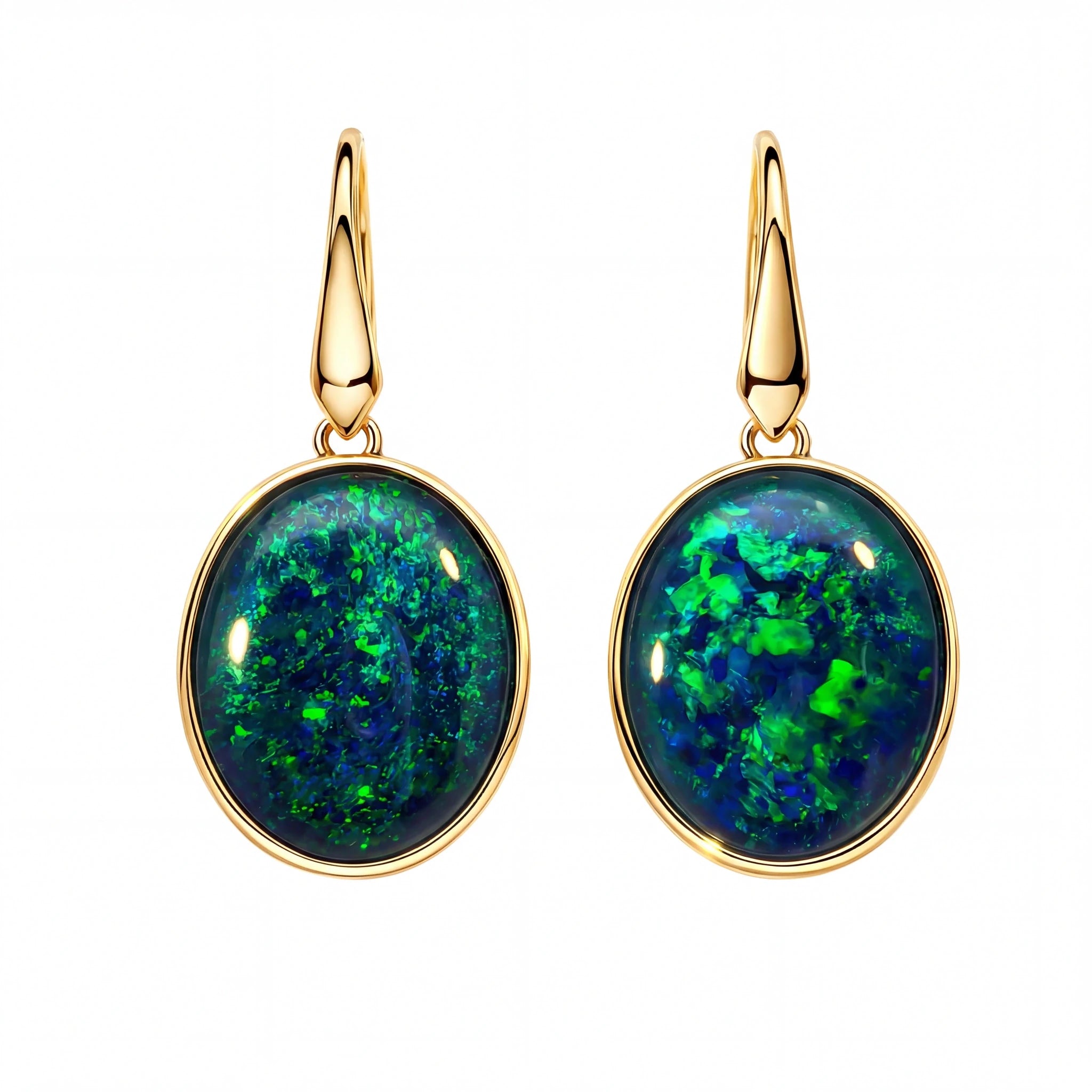 Triplet Opal Earrings in 9K Yellow Gold - Green and Blue - Australian Opal Cutters and Pearl Divers