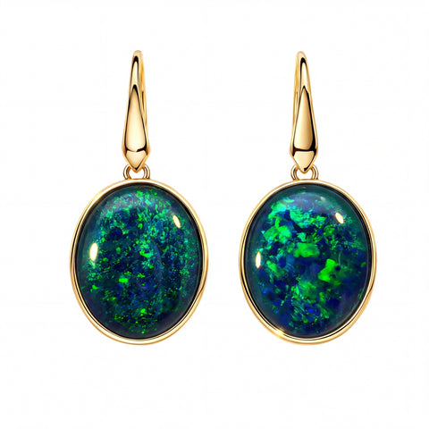 Triplet Opal Earrings in 9K Yellow Gold - Green and Blue - Australian Opal Cutters and Pearl Divers