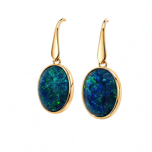 Triplet Opal Earrings in 9K Yellow Gold - Green and Blue - Australian Opal Cutters and Pearl Divers