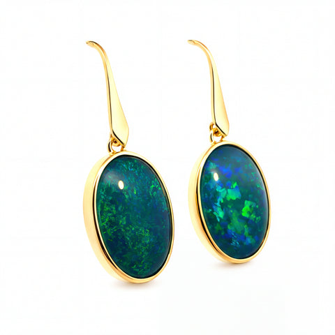Triplet Opal Earrings in 9K Yellow Gold - Green and Blue