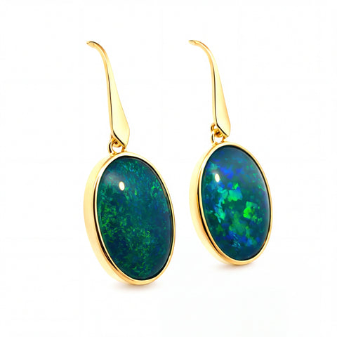 Triplet Opal Earrings in 9K Yellow Gold - Green and Blue - Australian Opal Cutters and Pearl Divers