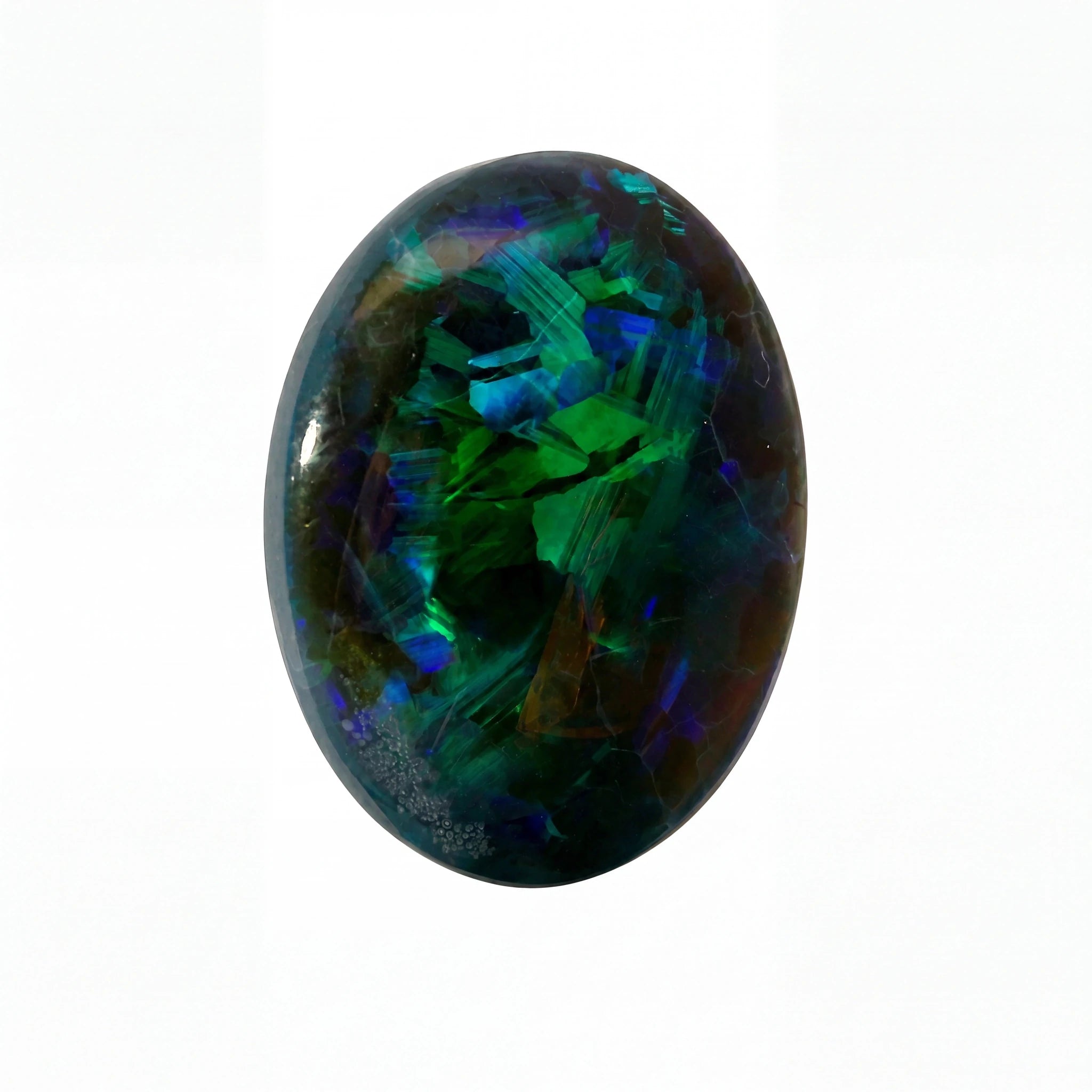 A polished oval cabochon gemstone featuring vibrant iridescent colours including green, blue, purple, and orange on a dark base, set against a plain white background.