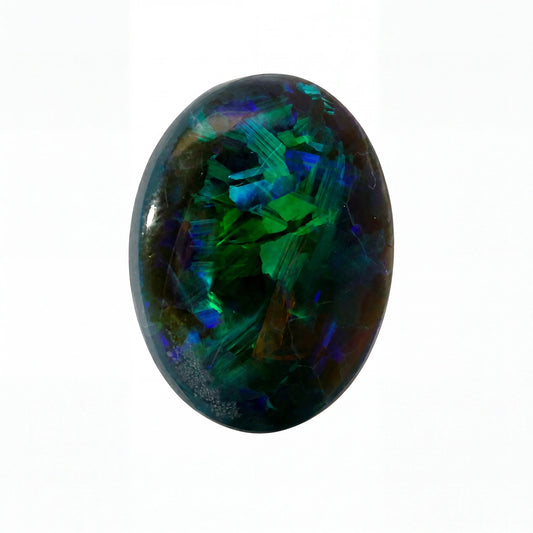 A polished oval cabochon gemstone featuring vibrant iridescent colours including green, blue, purple, and orange on a dark base, set against a plain white background.