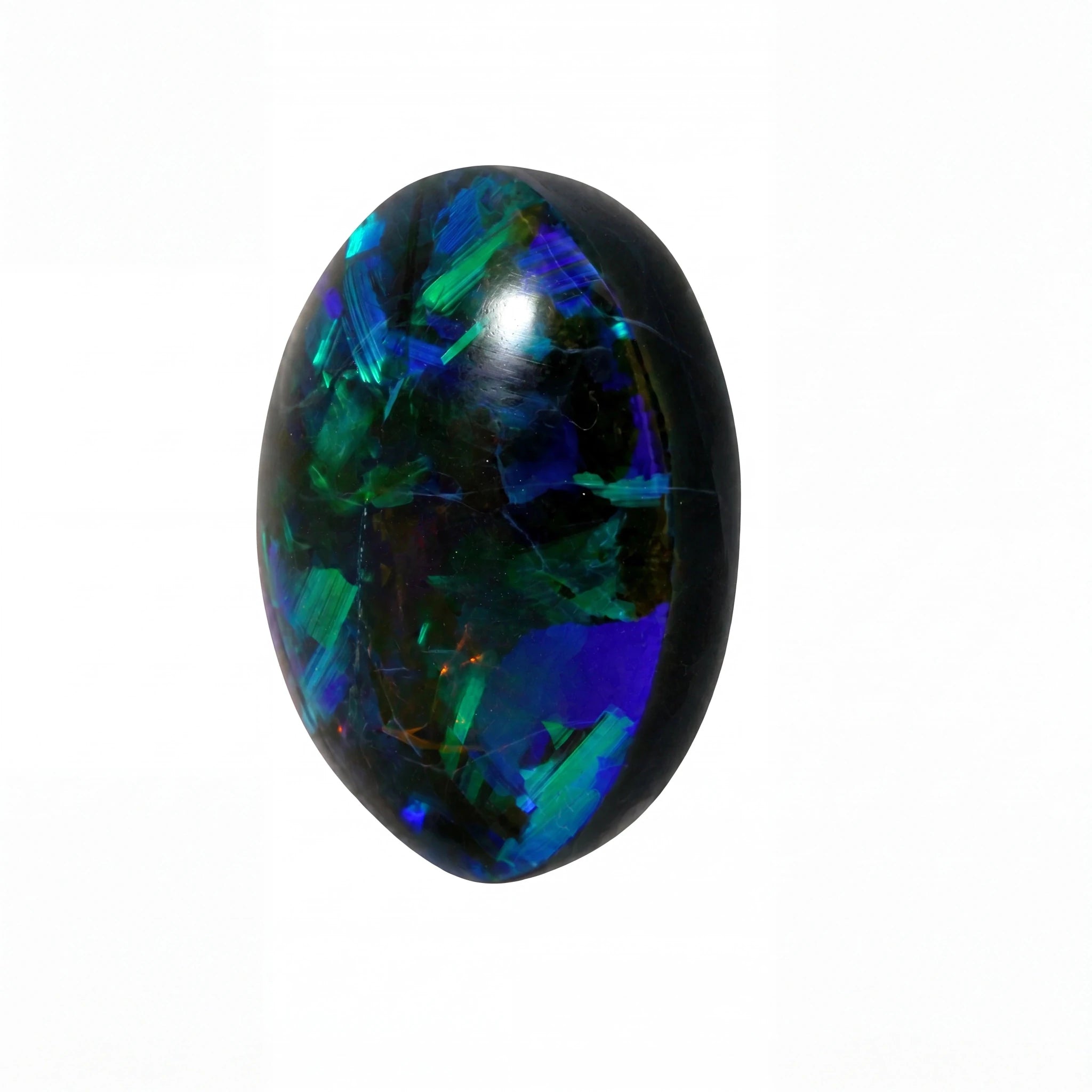 A polished oval cabochon gemstone featuring vibrant iridescent play-of-colour with blue, green, and purple flashes on a dark base, set against a plain white background.