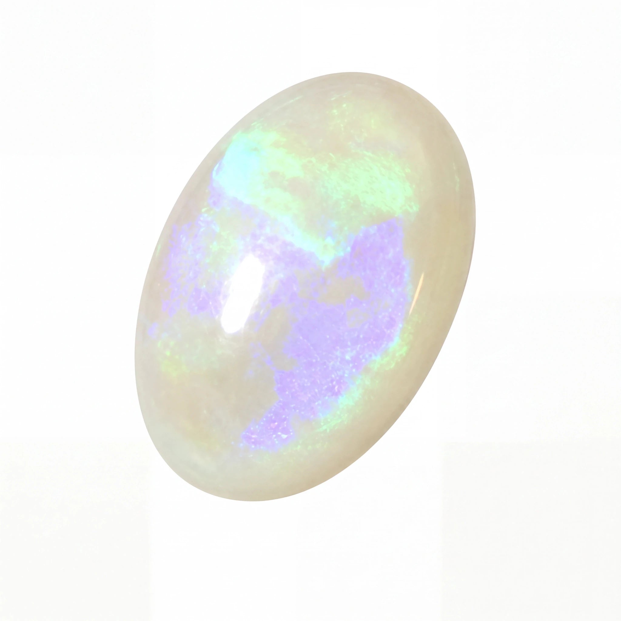 An oval cabochon opal gemstone displaying a play-of-colour with iridescent hues of purple, green, and blue over a creamy white base, set against a plain white background.