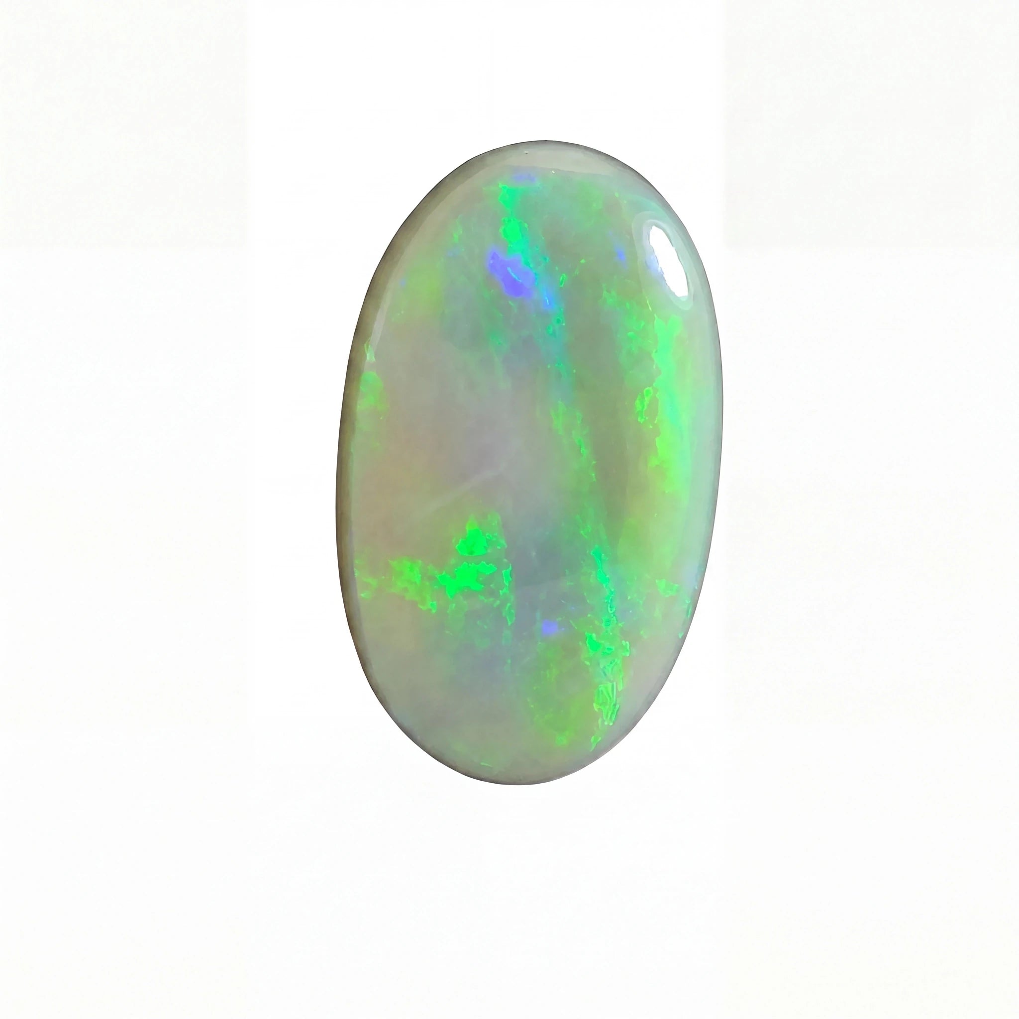 Oval-shaped opal gemstone with green and blue fluorescence on a white background