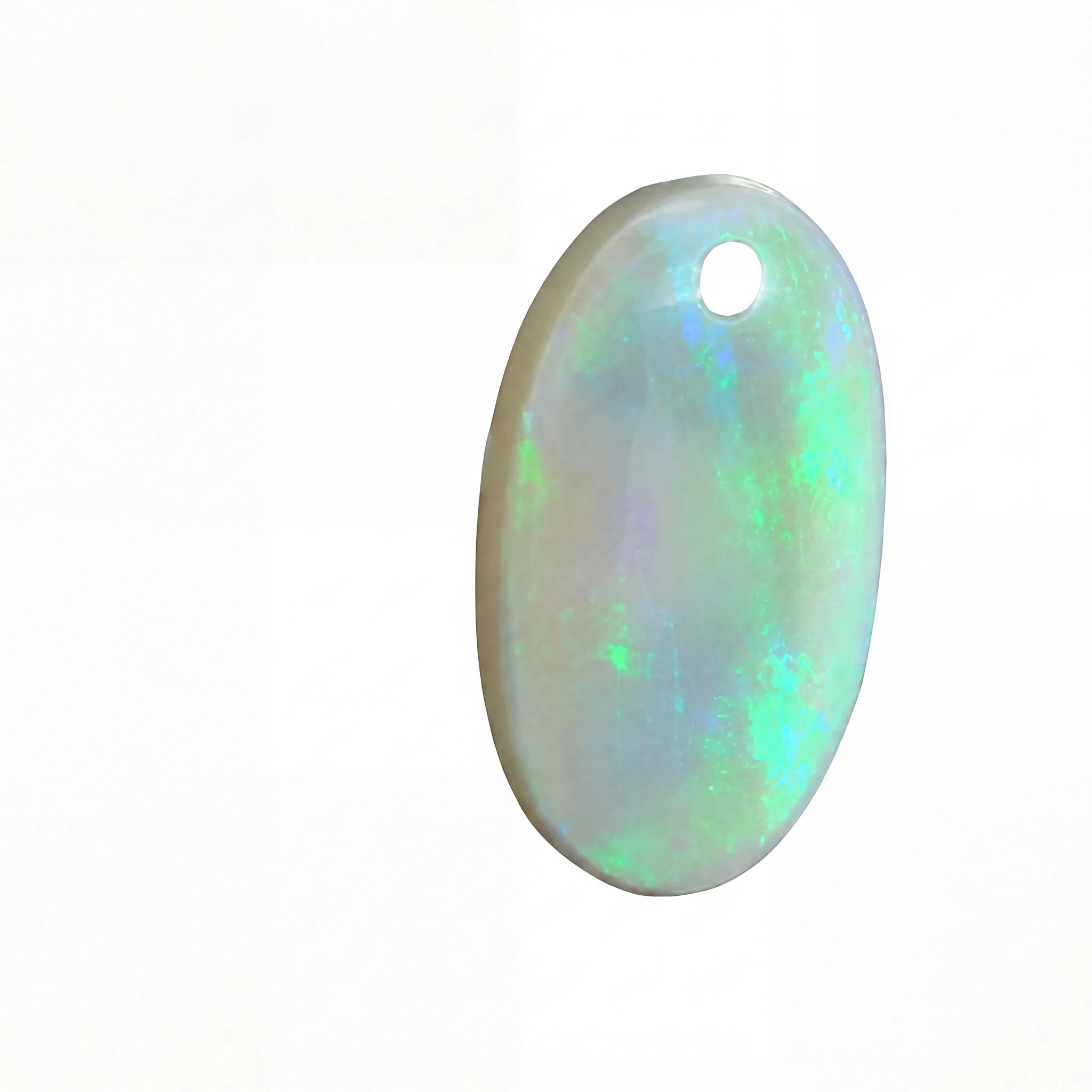 An oval-shaped white opal gemstone pendant, showing iridescent green and blue flashes, isolated on a white background.