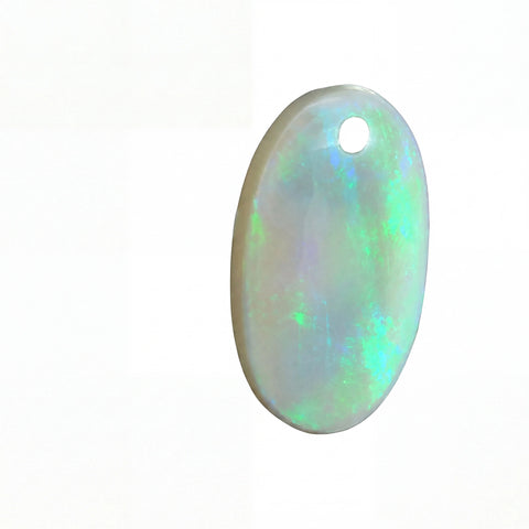 An oval-shaped white opal gemstone pendant, showing iridescent green and blue flashes, isolated on a white background.