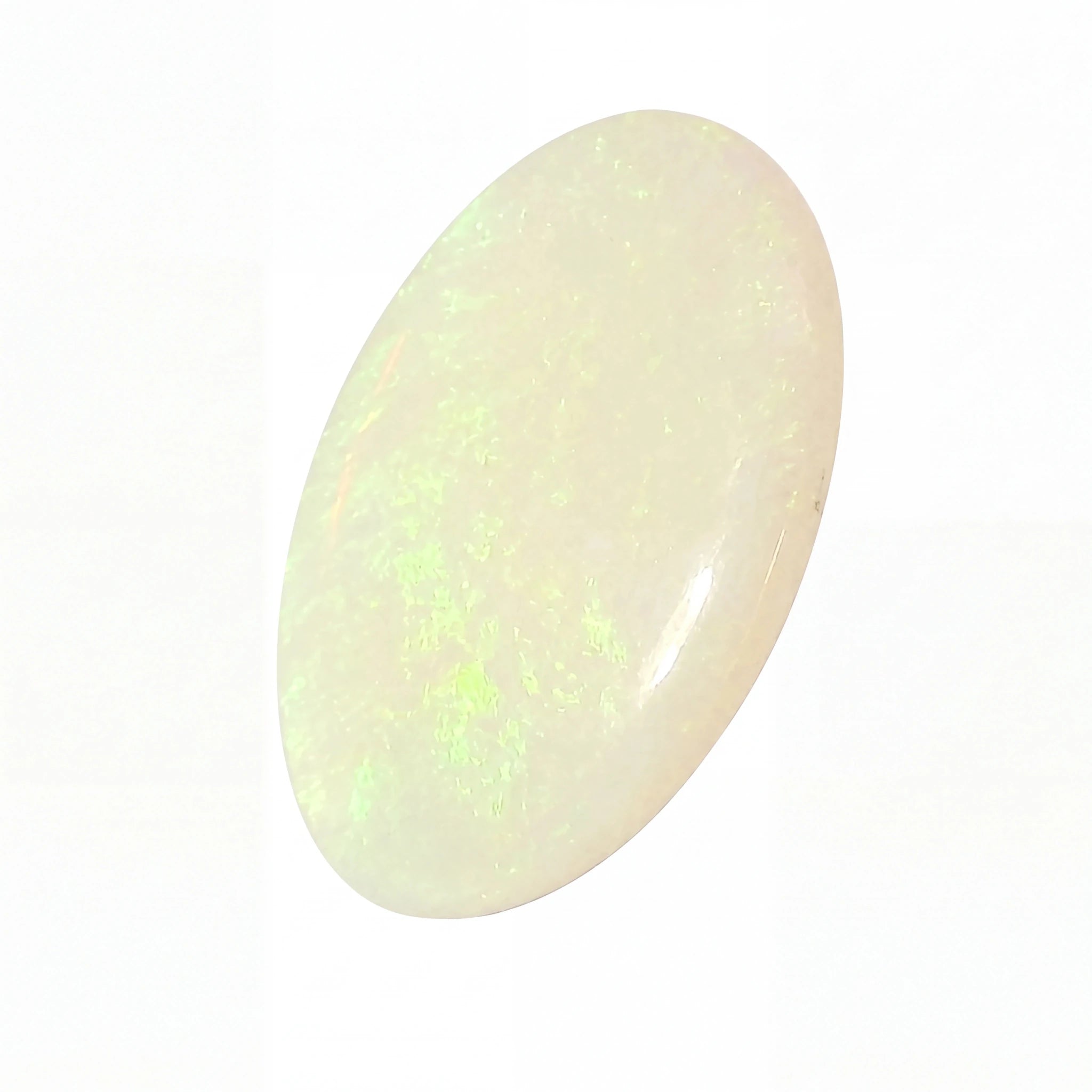 Opal stone with a greenish hue on a white background