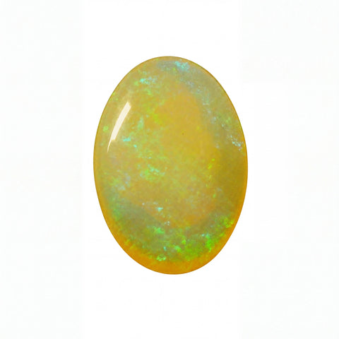 A polished oval cabochon gemstone showing a vibrant play-of-colour with yellow, orange, and green iridescence on a white background.