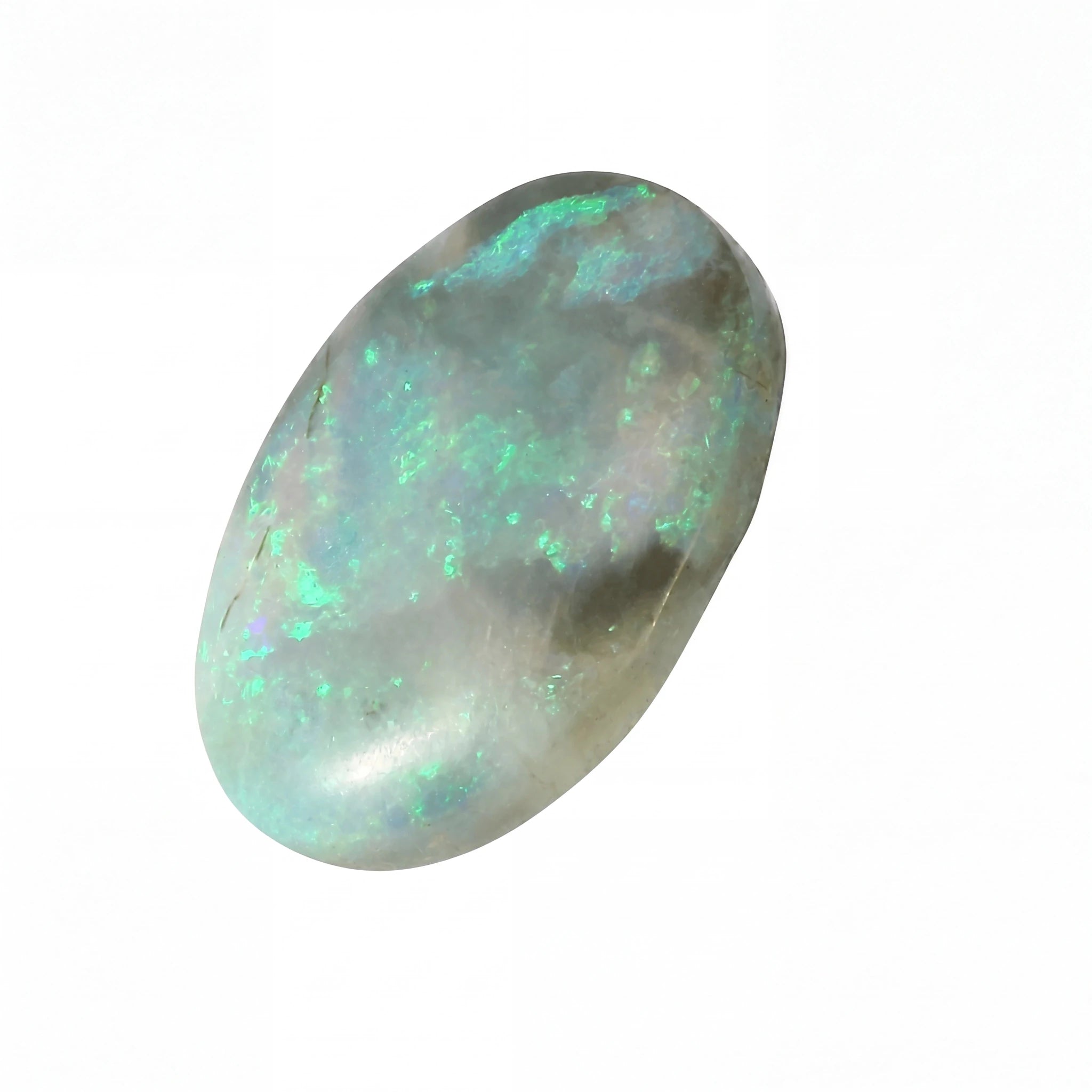Opal stone with multicolour play of light on a white background
