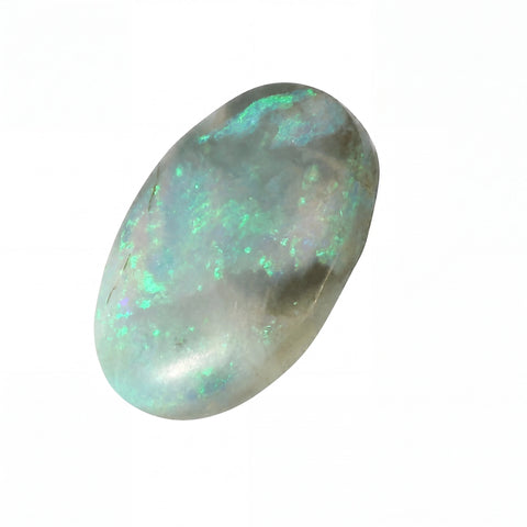 Opal stone with multicolour play of light on a white background